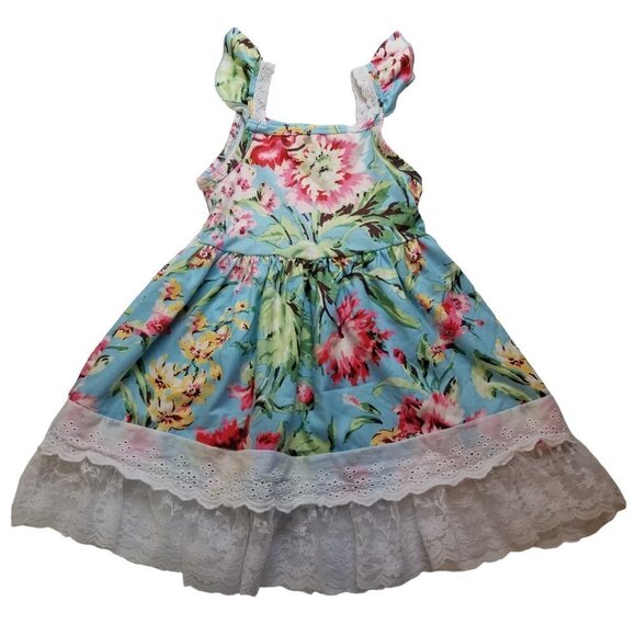 FLORAL Jersey Knit Tiered Dress Girls Small Blue Red Eyelet Lace trim Spring - Picture 2 of 3